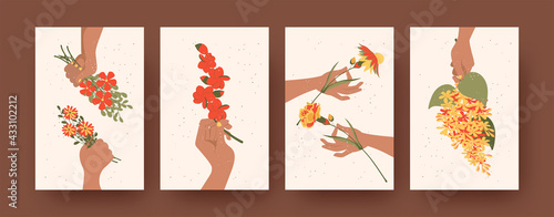 Set of contemporary art posters with floristic theme. Vector illustration. .Hands of florists holding different blooming plants. Nature, flower, botany, floristry concept for banner, postcards design