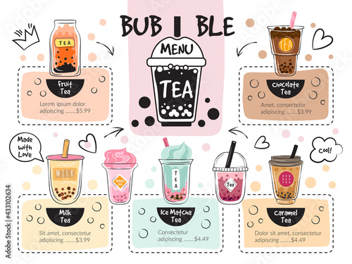 Bubble tea menu. Caffe delicious drinks recent vector restaurant menu