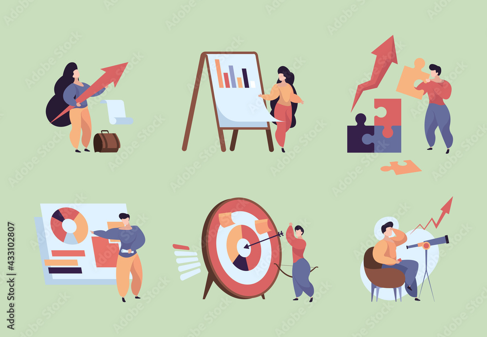 Business planning. Concept scenes with stylized characters analyzing strategy solving problems making business solution marketing garish vector flat metaphores Business planning. Concept scenes with stylized characters analyzing strategy solving problems making business solution marketing garish vector flat metaphores