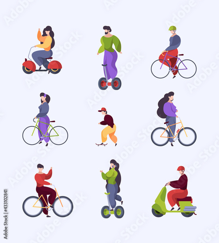 Urban transport. People riding motorbike in city outdoor vehicles electro scooter motorbike segway longboard garish vector stylized flat characters isolated