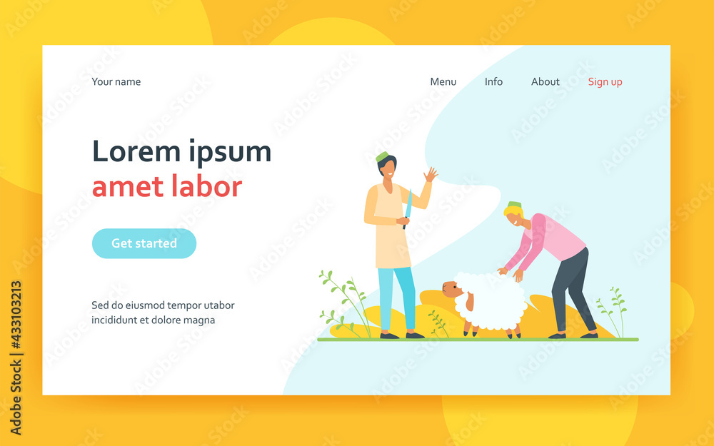 Happy men cutting lamb. Farm people slaughtering livestock for meat. Flat vector illustration. Muslim cuisine, food, sheep breeding concept for banner, website design or landing web page Happy men cutting lamb. Farm people slaughtering livestock for meat. Flat vector illustration. Muslim cuisine, food, sheep breeding concept for banner, website design or landing web page