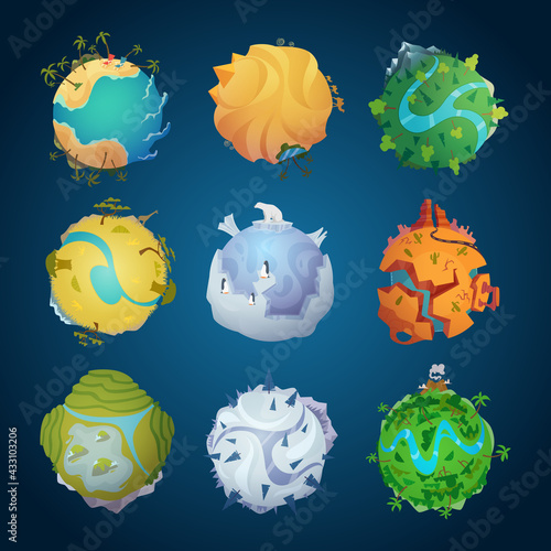 Cartoon earth. Round planets surfaces cold and hot climatic zones with snow hot sand tropical place rocks ocean water volcano lava exact vector cartoon illustrations
