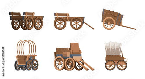 Wooden wagon. Vintage carriage western wild west vehicles old farm cart with big wheel garish vector illustrations in flat style