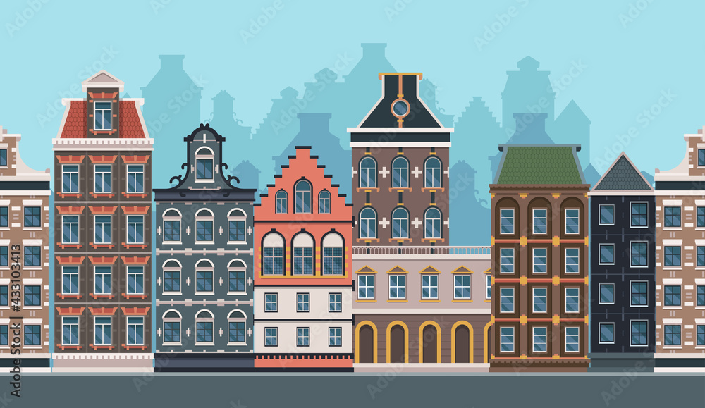 Old town background. Seamless urban landscape with vintage european buildings retro city garish vector cartoon illustrations