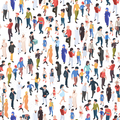 Crowd isometric. Various nationalities and ages male and female persons demographic group garish vector business concept seamless background © ONYXprj