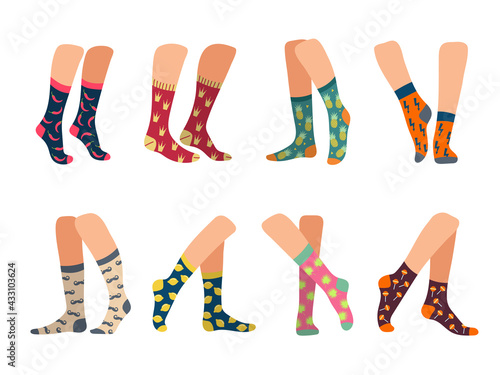 Socks on feet. Active lifestyle socks on legs male and female underwear colorful textile woolen clothes recent vector pictures collection in flat style