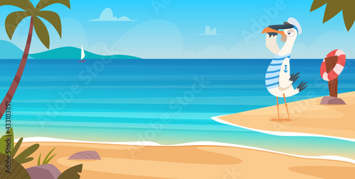 Seagull on beach. Bird sailor on seaside standing flying near sand coast ocean landscape blue water and sky exact vector cartoon background