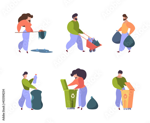 People save nature. Characters recycling garbage clean environment volunteers garish vector persons save nature plastic waste cleaning