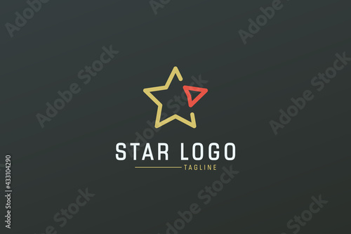 Star Logo Line. Gold Geometric Line Five Star Icon with Red Right Arrow isolated on Dark Background. Usable for Business and Branding Logos. Flat Vector Logo Design Template Element.