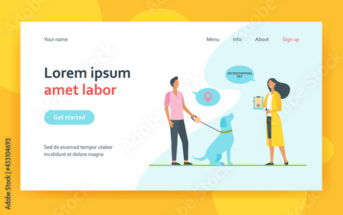 Dog owner man and veterinarian woman with chip syringe and microchipping certificate. Safety animal chip flat vector illustration. Microchipping pet concept for website design or landing web page