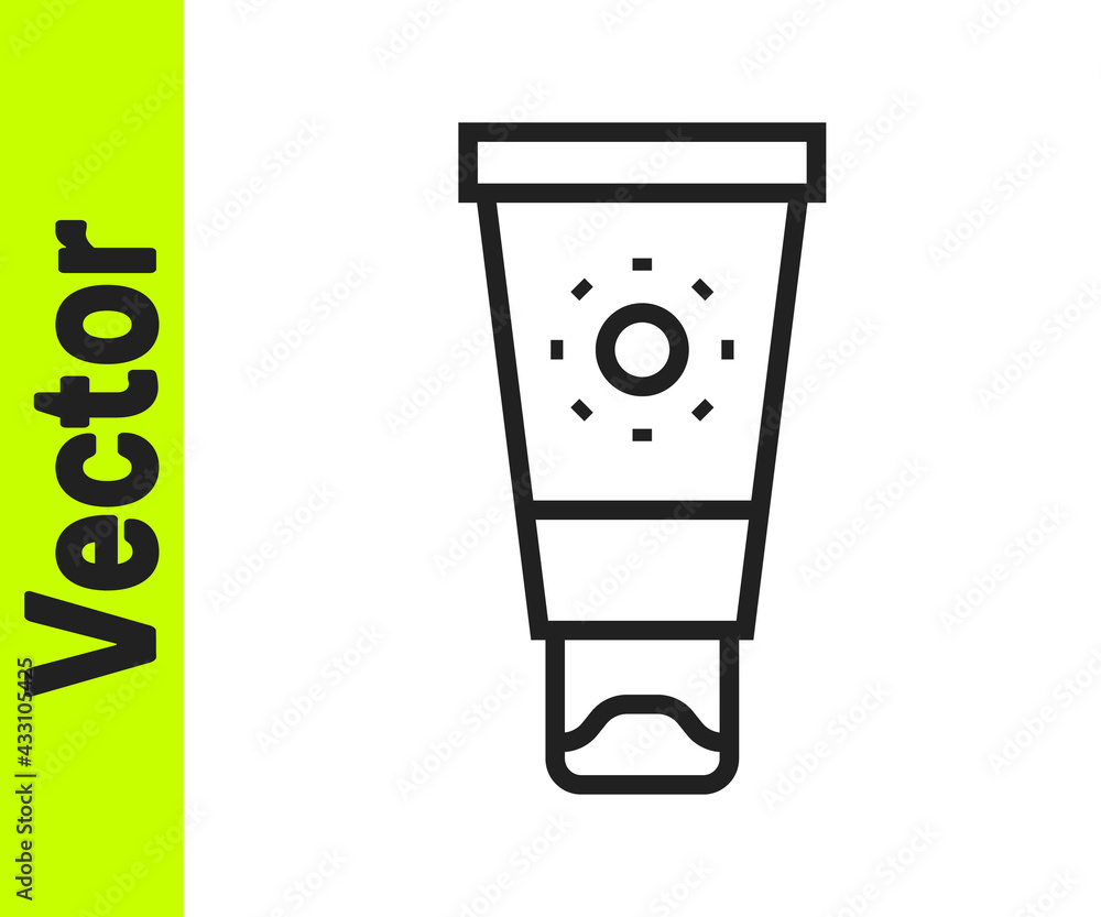 Black line Sunscreen cream in tube icon isolated on white background. Protection for the skin from solar ultraviolet light. Vector Black line Sunscreen cream in tube icon isolated on white background. Protection for the skin from solar ultraviolet light. Vector