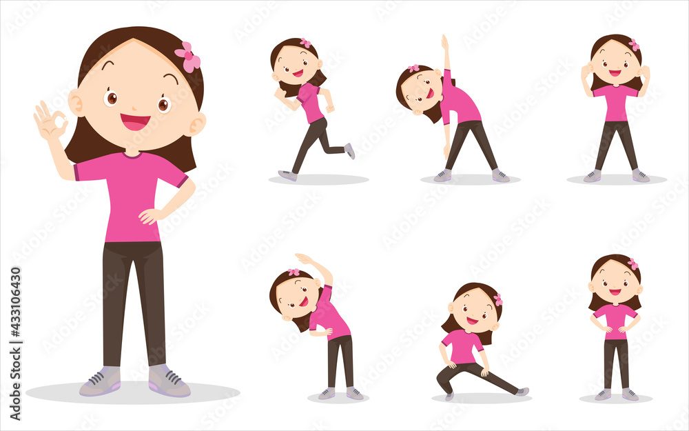 bundle set of cute girl on exercise various actions bundle set of cute girl on exercise various actions