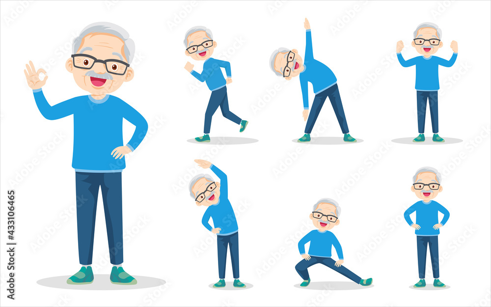 bundle set of smart elderly man on exercise various actions