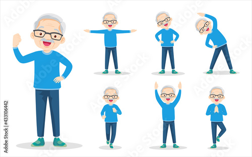 bundle set of elderly man on exercise various actions