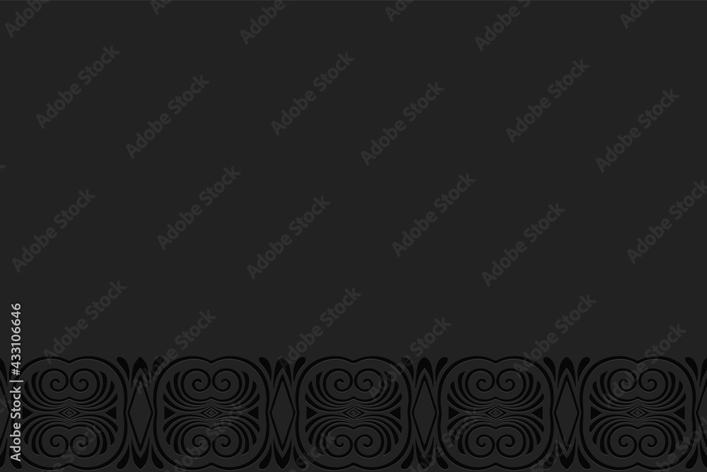 3D volumetric convex embossed geometric black background. Ethnic pattern in doodling style, oriental arabic motives.
Decorative ornament with curls, horizontal inset.