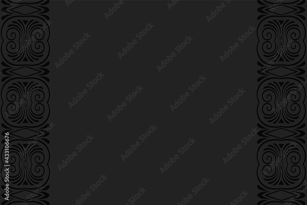3D volumetric convex embossed geometric black background. Ethnic pattern in doodling style, oriental arabic motives.
Decorative ornament with curls, vertical inserts. 3D volumetric convex embossed geometric black background. Ethnic pattern in doodling style, oriental arabic motives.
Decorative ornament with curls, vertical inserts.