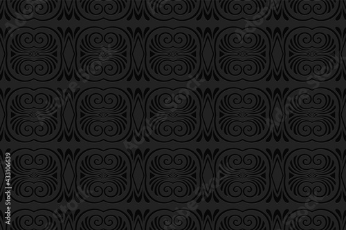 3D volumetric convex embossed geometric black background. Ethnic pattern in doodling style, oriental arabic motives.
Decorative ornament with curls for wallpaper, presentation, textiles, website.