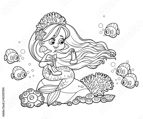 Beautiful cartoon princess mermaid in tiara wonders what to do with high heel shoes outlined for coloring page isolated on white background