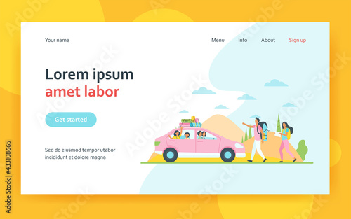 Two tourist catching car on road. Vehicle, nature, backpack flat vector illustration. Hitchhiking and traveling concept for banner, website design or landing web page