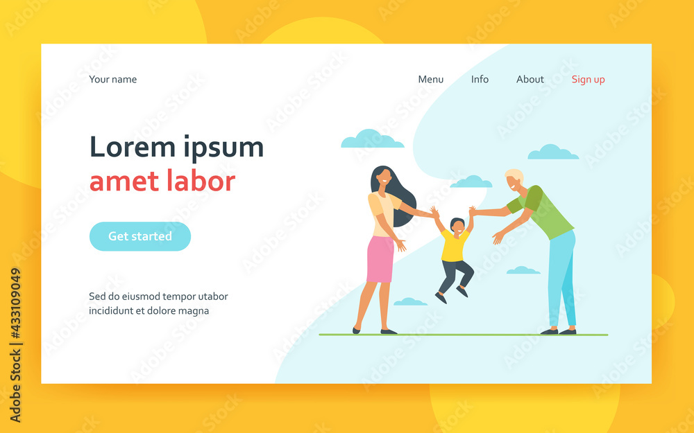 Mom and dad holding kids hands and lifting boy. Child and parents having fun together. Flat vector illustration. Family, leisure, activities concept for banner, website design or landing web page