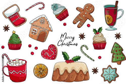 Large cute set with Christmas decor and lettering. Gingerbread, muffins, hot chocolate, marshmallows, mulled wine. White background, isolated elements. Vector illustration photo