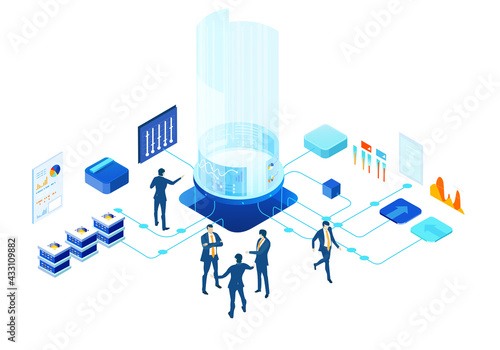 Isometric 3D business environment. Business management infographic. Isometric working space, business people working together in server room, generating fresh content and new ideas, success