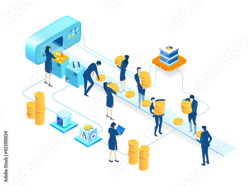 Isometric 3D business environment.  Isometric working space, business people working together next to conveyer belt producing coins. Support, advisory, investments, Business concept infographic.