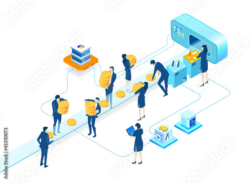 Isometric 3D business environment.  Isometric working space, business people working together next to conveyer belt producing coins. Support, advisory, investments, Business concept infographic.