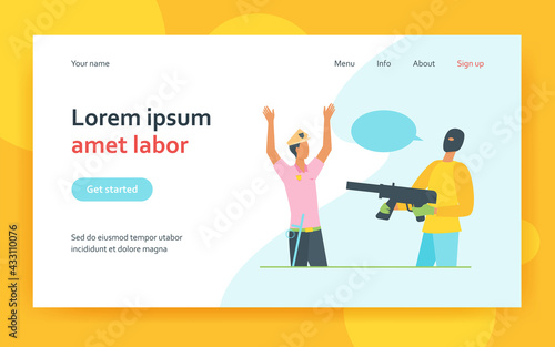Criminal man in mask pointing gun weapon at police officer. Policeman person holding hands up flat vector illustration. Crime concept for banner, website design or landing web page