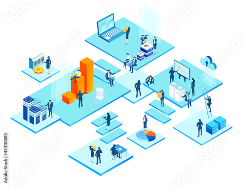 Isometric 3D business environment. Business management. Isometric office space, business people work around laptop as symbol of generating fresh content and new ideas. Infographic illustration