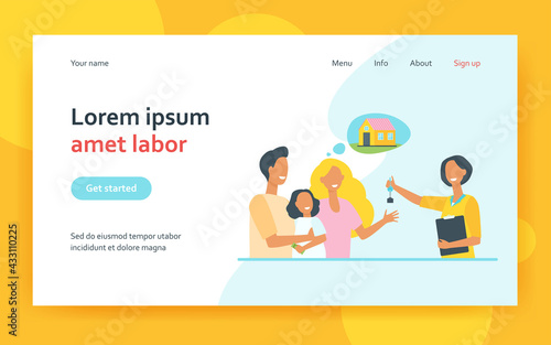 Happy family with kid buying new house. Key, home, realtor flat vector illustration. Mortgage and real estate concept for banner, website design or landing web page