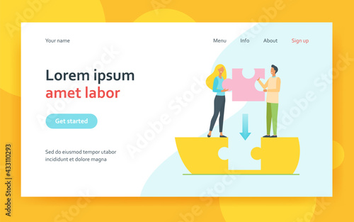 Couple filling gap between them. Man and woman placing missing piece of puzzle. Flat vector illustration. Relationship, connection, link concept for banner, website design or landing web page