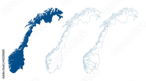 Norway map vector. High detailed vector outline, blue silhouette and administrative divisions map of Norway. All isolated on white background. Template for website, design, cover, infographics