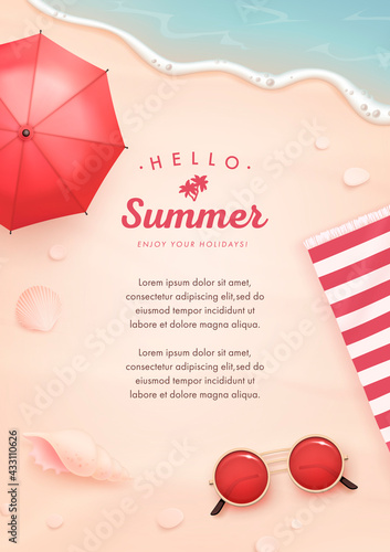 Vector beautiful realistic top view illustration of sandy summer beach with beach umbrella, sunglasses and seashells