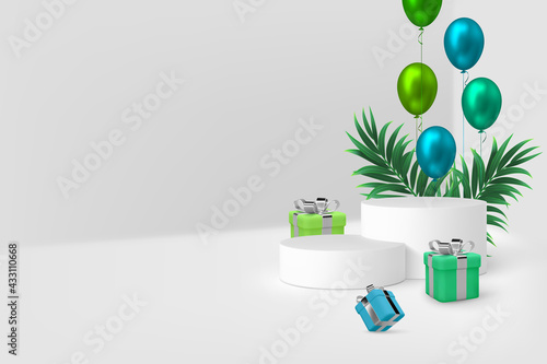 Vector 3d podium scene with gift boxes, balloons and tropical leaves. Mockup for product presentation with copy space. White minimal background for summer seasonal discounts or holidays.