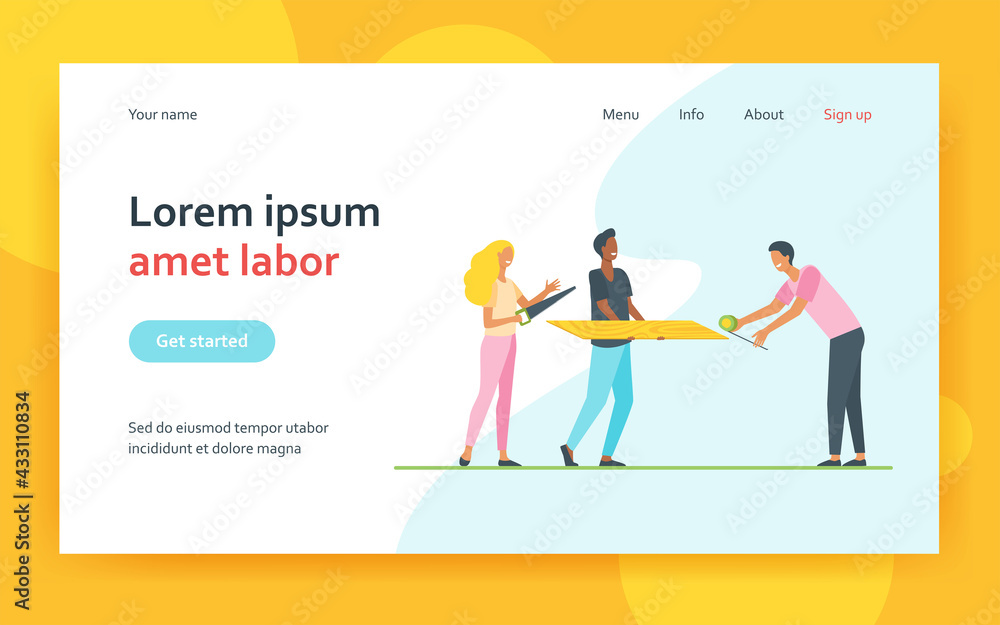 Carpenters men and woman holding saw, tape-measure tools and wooden plank. Workers people characters flat vector illustration. Handyman profession concept for website design or landing web page