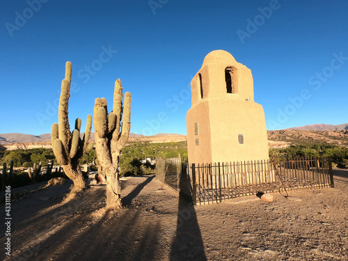 Two large pasacana cacti near the monument in the Argentine village of Humahuaca photo