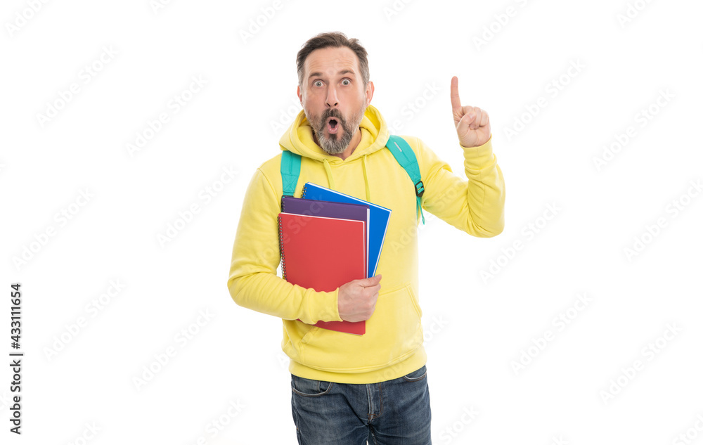 amazed man inspired with idea carry backpack hold workbook for education isolated on white, study. amazed man inspired with idea carry backpack hold workbook for education isolated on white, study.