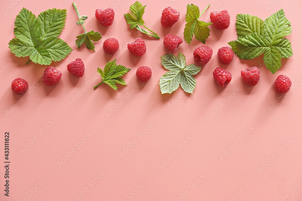 Fresh raspberry . Pink background. Flat layot, copy space Fresh raspberry . Pink background. Flat layot, copy space