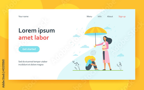 Counselor helping depressed client. Psychologist with umbrella above anxious woman. Flat vector illustration. Mental health, depression, anxiety concept for banner, website design or landing web page