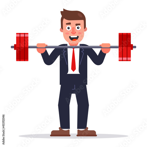 a man in a business suit raises a barbell. flat vector character illustration.