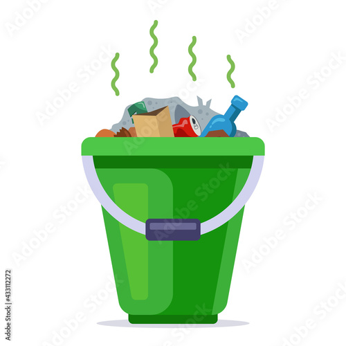 green bucket filled with rubbish. household household waste. flat vector illustration.
