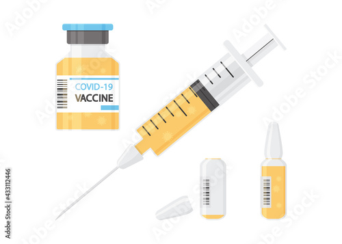 Syringe and vial covid vaccine, medicine bottle and ampoule with liquid. Medical vector illustration