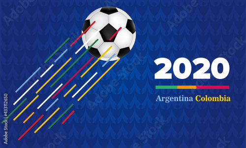 Blue sports background, bright patterns and soccer ball, vector illustration