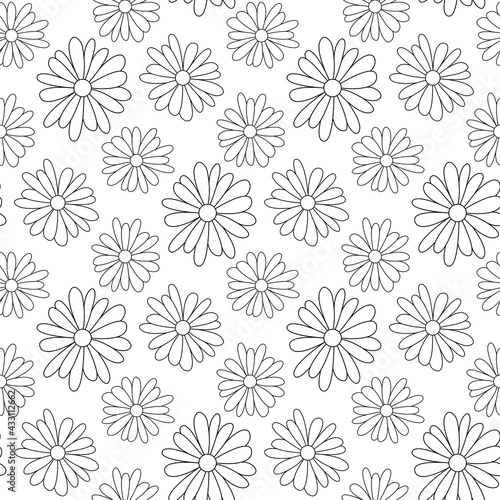 Black thin linear chamomile flowers isolated on white background. Cute monochrome floral seamless pattern. Vector simple flat graphic illustration. Texture.
