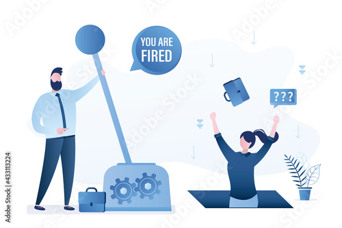 Boss pulls large lever of mechanism and fires female worker. Woman employee falls into pit, dismissal. Staff reduction. Unemployment, economic crisis.