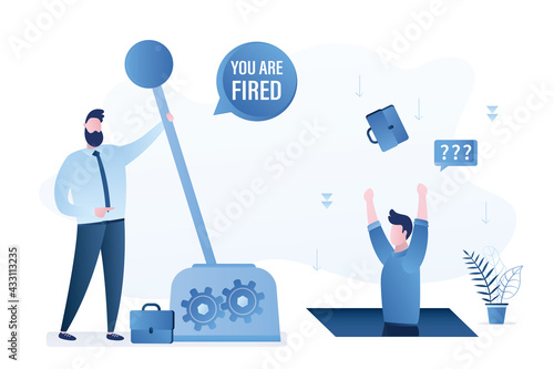 Boss pulls large lever of mechanism and fires male worker. Sad employee falls into pit, dismissal. Staff reduction. Unemployment, economic crisis. Manager dismissed from job.