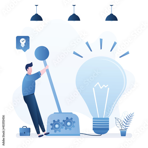 Successful businessman pulls lever of mechanism and lights large lightbulb. New business idea, startup launch. Development of new project.