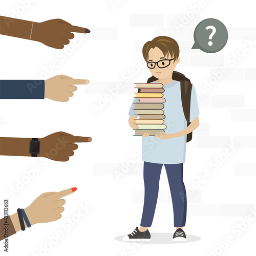 Smart schoolboy holds stack of textbooks. Cartoon nerdy boy. Various hands point at him. Bullying, ridicule or hate.