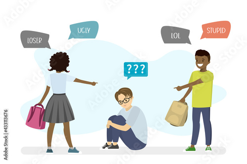 Classmates tease and mock boy. Children point fingers at victim. Concept of intimidation, name-calling and aggression